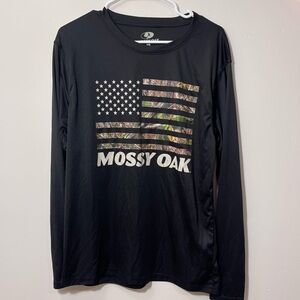 Mossy Oak Men’s Large Black Long Sleeve Camo Flag Shirt Dri Fit Crew Neck